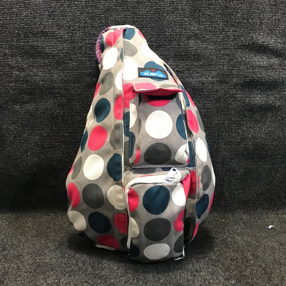 KAVU Rope Sling Bag Grey Polka Dot Adjustable Strap Crossbody Travel Backpack‎